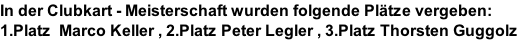 In der Clubkart - Meisterschaft wurden folgende Plätze vergeben: 1.Platz  Marco Keller , 2.Platz Peter Legler , 3.Platz Thorsten Guggolz